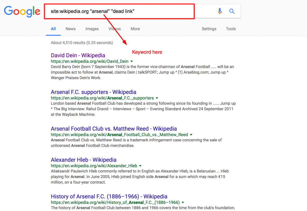 google query to find dead link on wikipedia page