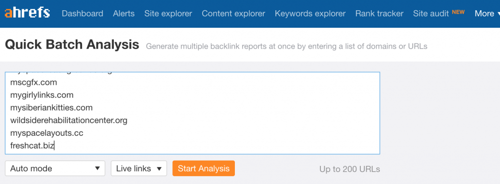 ahrefs.com batch analysis for multiple domain backlinks check