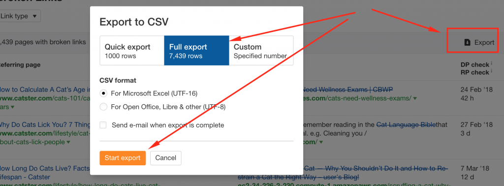 Export url list from ahref