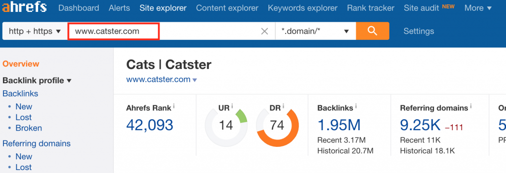 ahrefs.com site explorer shows the overview of backlinks of the site